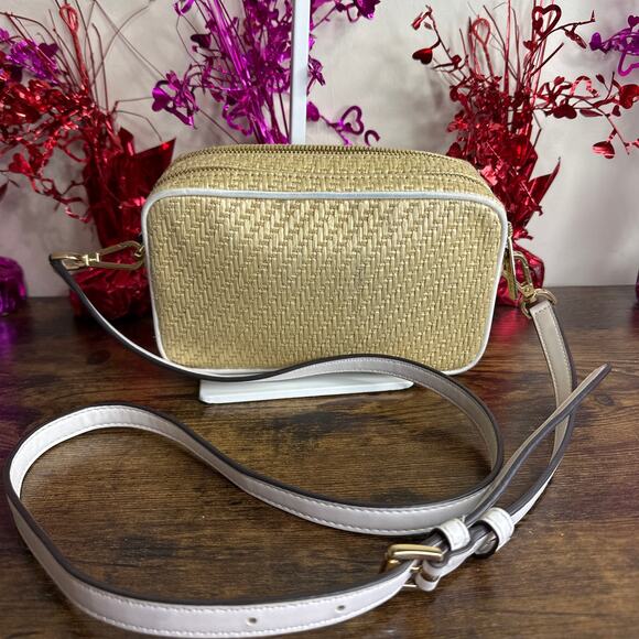 MICHAEL KORS Kenly Double Zip Natural Straw Small Camera Crossbody - Picture 2 of 10
